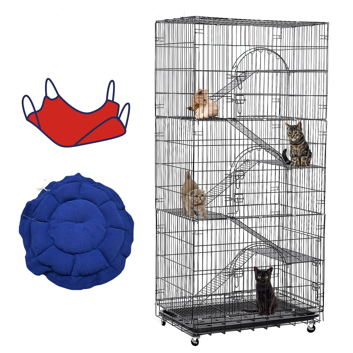(image for) PawGiant Oversized 6 Tier Cat Cage 77" Tall 1-5 Cats w/Hammock, Cat Bed & 5 Ramp Ladders 5 Platforms 3 Front Door Tray Cat Litter Playpen Cat House Pet Pen